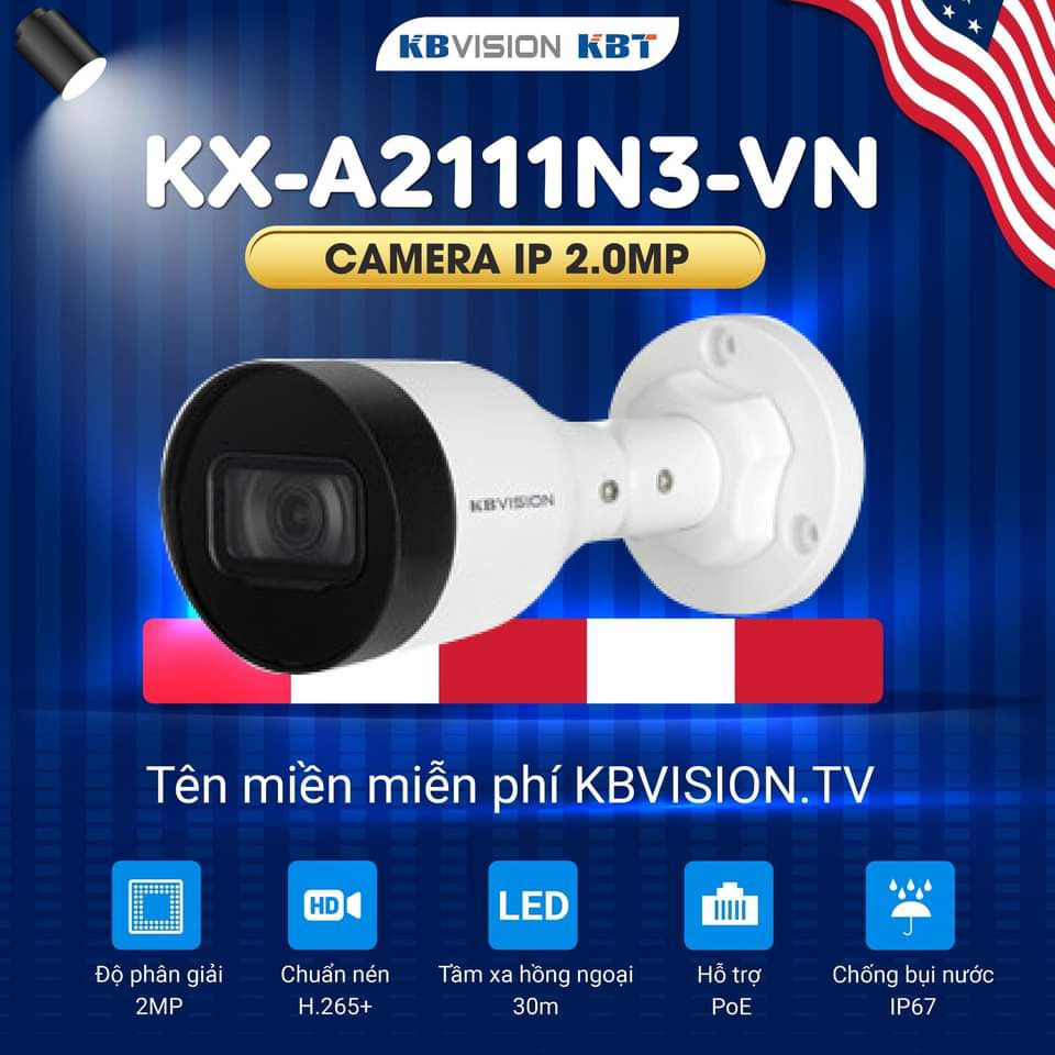 Camera IP Kbvision 2.0MP KX- A2111N3 chuẩn nén H265+, hồng ngoại 30m CHÍNH HÃNG